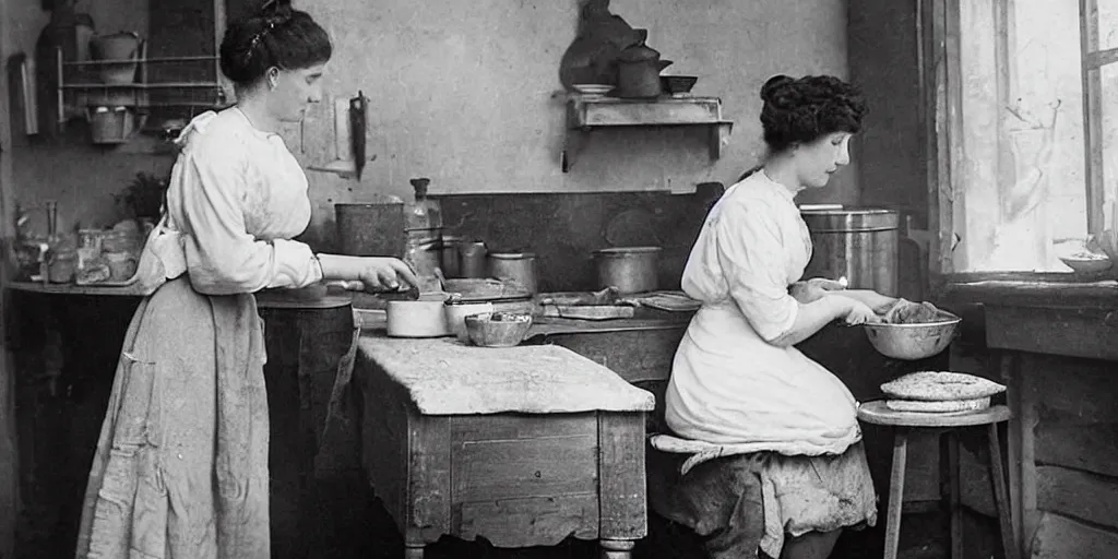 Prompt: a young edwardian woman baking bread in a cozy french kitchen