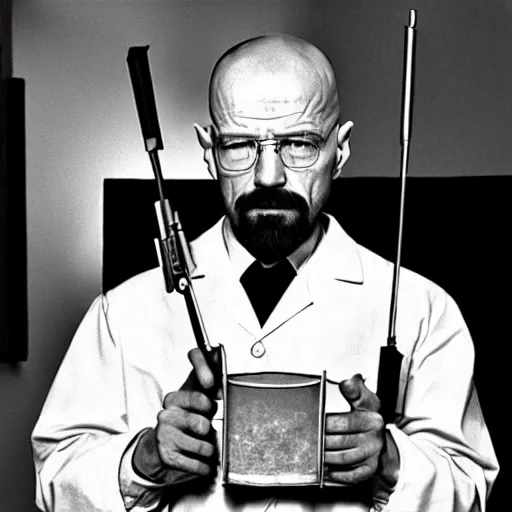 Prompt: walter white heisenberg cooking meth as a nazi scientist military uniform black and white photo