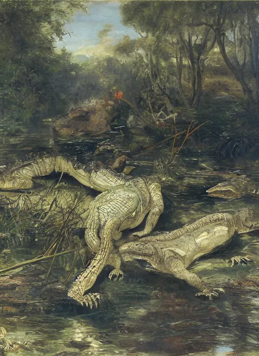 Image similar to artwork painting of florida alligators by eugene von guerard, ivan shishkin, john singer sargent