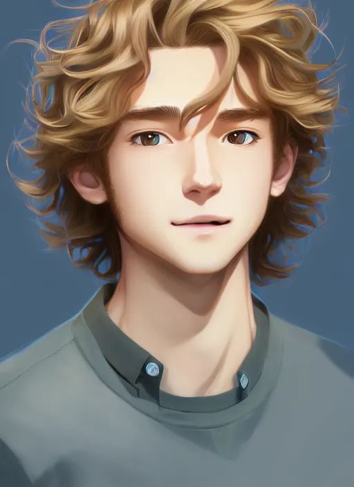 Image similar to young man with medium - length, curly, golden hair, perfectly proportioned face, aquamarine eyes, sweet smile, natural lighting, path traced, highly detailed, high quality, cartoon, digital painting, by new haicheng and studio ghibli