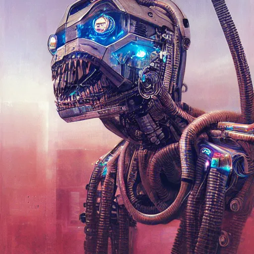 Prompt: cyborg robot tiger, huge jaws and exposed wiring, camera lens eyes, cyberpunk 2 0 7 7 and beksinski style painting