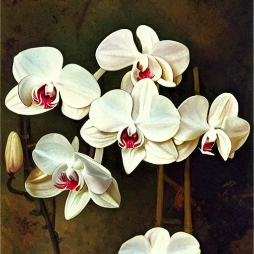 Image similar to art nouveou style painting of Phalaenopsis orchids, high detail by francis mucha, John William Waterhouse, William-Adolphe Bouguereau