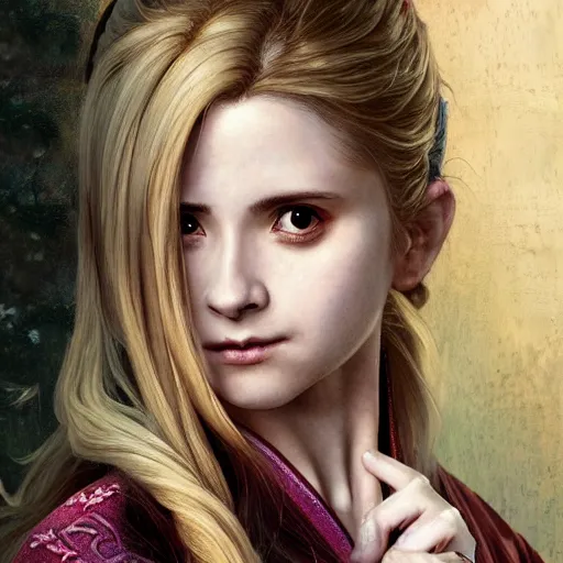 Image similar to a highly detailed portrait of buffy the vampire slayer as a medieval chinese prince, beautiful detail and color, art by john collier and albert aublet and krenz cushart and artem demura and alphonse mucha, volumetric lighting, octane render, 4 k resolution, matte, sharp focus, illustration, art by jacque - louis david, baroque style