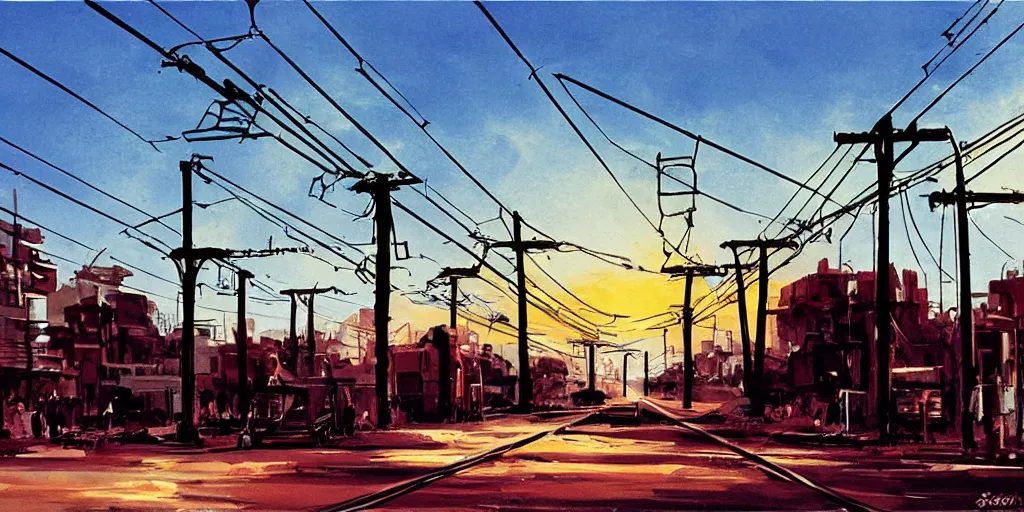 Prompt: post apocalyptic wasteland overhead wires telephone poles sunset clouds sky streetcar tram subway tunnel illustration by syd mead