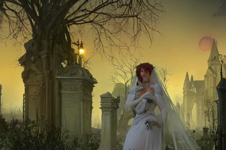 Image similar to an ultra detailed animation of a bride a graveyard at midnight on halloween, digital art, dark fantasy, concept art, soulslike, by alphonse mucha, blood moon eclipse, ruined building in the background, artstation, 8 k, unreal engine render