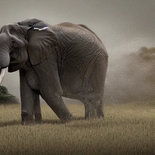 Image similar to an elephant crumbles and turns into dust that disperses in the air, photorealistic