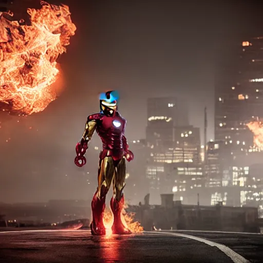 Prompt: < photo hd stunning reimagined mood = gritty gaze = camera > iron man shooting flames from his hands, burning city in the background < / photo >