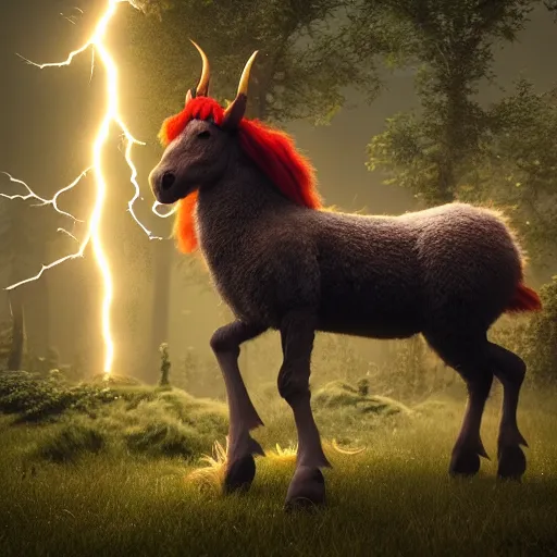 Prompt: creature fluffy animal with horns and short legs and arms and red eyes, horse's hoof, forest scene, octane render, highly detailed, cinematic lightning, epic fantasy style art