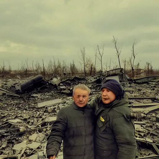 Image similar to last selfie of last alive ukrainian very damaged after a nuclear strike, a nuclear explosions in the background, hyper - realistic 2 0 2 2