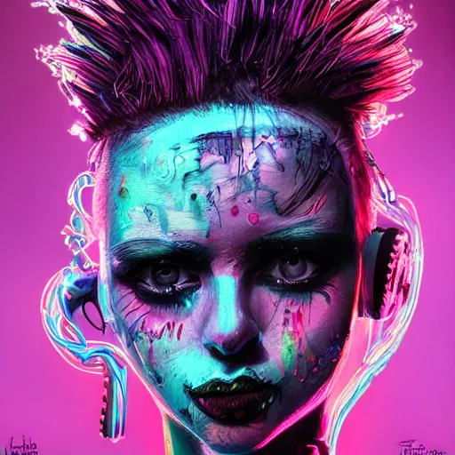 Prompt: splashes of neon, punk portrait made out of paint, trending on artstation, epic composition, emotional, beautiful, rendered in octane, highly detailed, realistic, tim burton comic book art