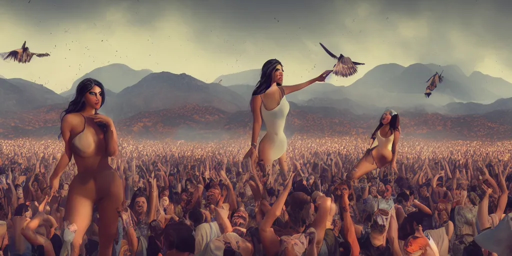 Prompt: realistic cinematic views of a orwellian coachella with wildfires in the background and dead seagulls falling from the sky in front of the main stage worshipping a large statue of kim kardashian and kylie jenner, hyper detailed, terror glows, hyper realistic, digital painting, 8 k, 3 5 mm film grain, octane render