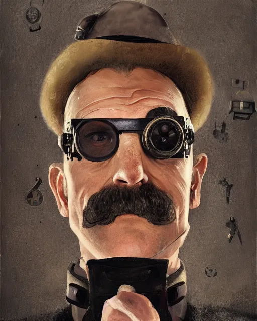 Image similar to Portrait steampunk Sam Elliott wearing safety goggles and black coat by charlie bowater elina brotherus greg rutkowski Dan Witz paul klee jamie wyeth victo ngai