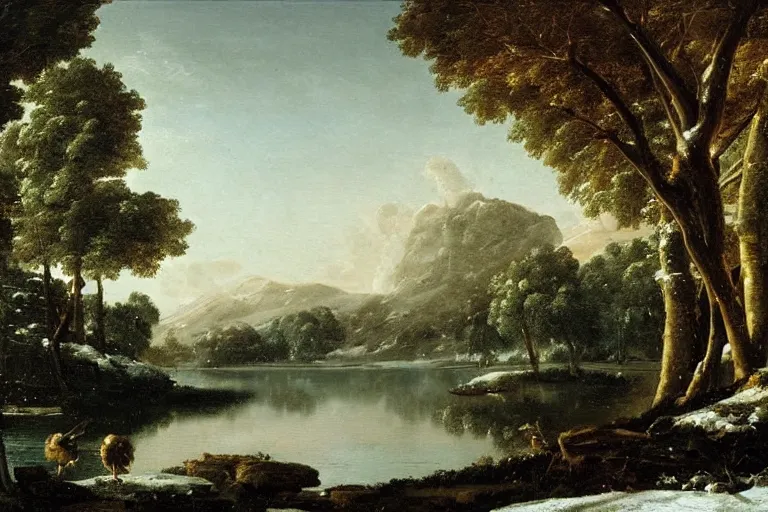 Image similar to beautiful landscape with winter and lake and tropical trees, mythology, fantasy, landscape background, vivid colors, digital painting, very detailed, realistic, high quality, by claude lorrain