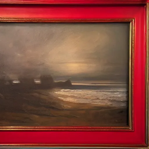 Image similar to a haunting painting in a bright red frame