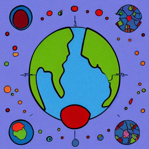 Prompt: the earth as an atom with electrons in orbit, colourful, in the style of Charley Harper