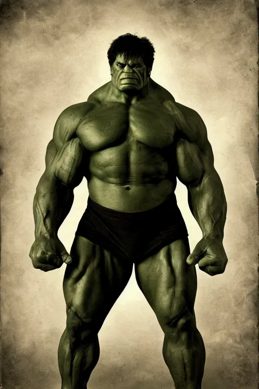 Image similar to the incredible hulk, portrait, full body, symmetrical features, silver iodide, 1 8 8 0 photograph, sepia tone, aged paper, master prime lenses, cinematic