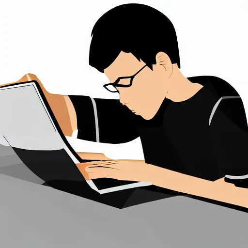 Image similar to illustration of a boy using his computer late night, low lights, dynamic lighting, strong shades, 4k