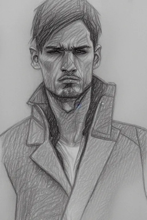 Image similar to a drawn man standing in the rain in a jacket. pencil sketch.