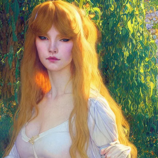 Prompt: A young woman with blonde long hair and bangs in shorts and white shirt drawn by Donato Giancola and Robert McGinnis and Julie Bell and Zeronis and alphonse mucha, background by James Jean and gustav klimt, 4k, sunny day, volumetric lighting, french nouveau, trending on artstation, octane render, hyperrealistic