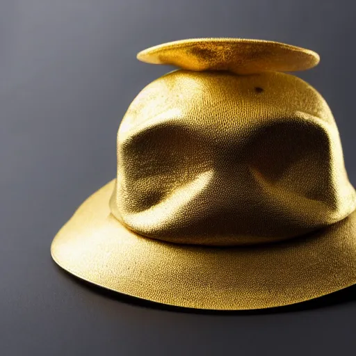Prompt: photograph of a golden hat shaped like a frog