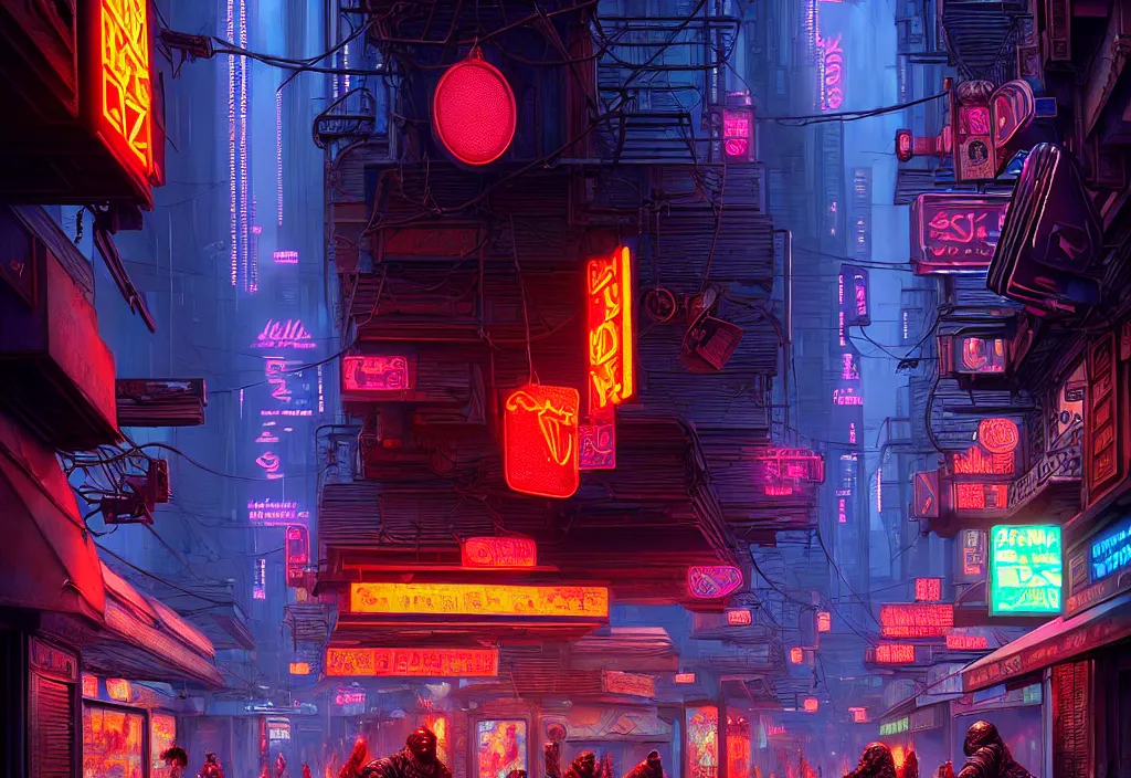 Prompt: a highly detailed bazaar street in the cyberpunk megacity of new washington, amazing cyberpunk digital painting, by gerald brom, brom digital art, intricate details, ultra realistic, beautiful art, volumetric lighting, by art germ, by brom, rule of thirds, trending cgsociety, artstation, warm colors advance cool colors recede, neon lights, crowded, 8 k