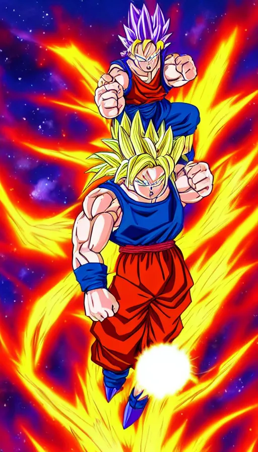 Prompt: illustration of Super Saiyan Goku firing a Kamehameha in the style of Akira Toriyama