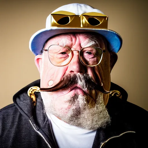 Image similar to dslr portrait photo still of!!! wilfred brimley!!! white mustache as a gangsta rapper with gold chains and gold teeth grills growling at camera, 8 k, 8 5 mm f 1. 8