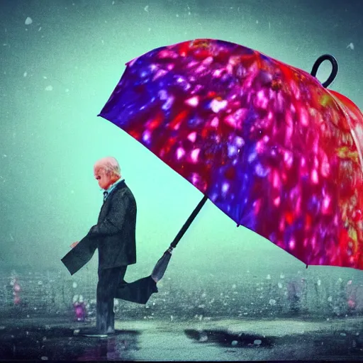 Image similar to an umbrella covering an old man in the acid rain, psychodelic