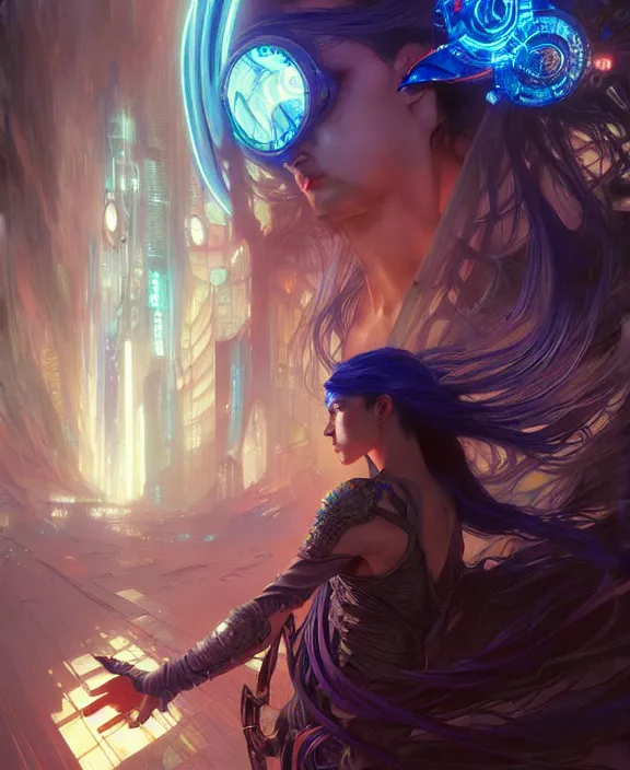Image similar to a whirlwind of souls rushing inside a cyberpunk metaverse, half body, blue glowin eyes, d d, fantasy, intricate, elegant, highly detailed, colorful, vivid color, digital painting, artstation, concept art, art by artgerm and greg rutkowski and alphonse mucha and ruan jia