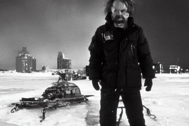 Prompt: Donald Tusk in a still from the movie The Thing (1982) directed by John Carpenter, cold outdoors