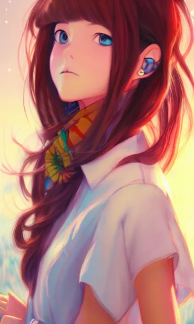 Image similar to a colorful scene of a girl with brown hair, anime, detailed background, female, portrait, trending on artstation, by studio ghibli and rossdraws