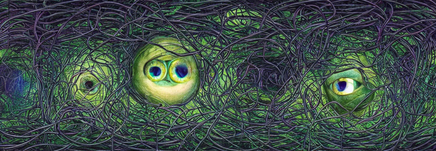 Image similar to many large beautiful eyeballs inside of extremely thick iridescent vines intertwined, central composition, high saturation, epic lighting, in the style of Peter gric and Amanda Sage 8k