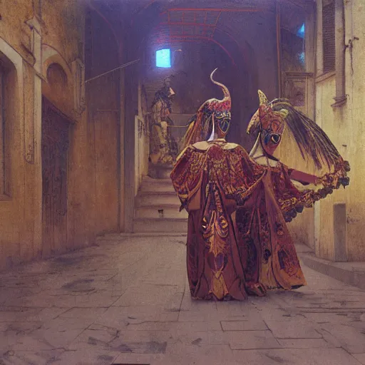 Prompt: study of masked Byzantine Tang Dynasty dancers on the art deco streets of the Undying Empire city of ya-Sattra during the Festival of Masks, award-winning realistic sci-fi concept art by Beksinski, Bruegel, Greg Rutkowski, Alphonse Mucha, and Yoshitaka Amano