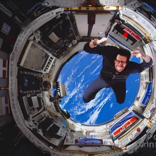 Prompt: Evil Markiplier looking out of the window of the International Space station with a smile on his face. Devilish markiplier pixashot instant camera space imagery with markiplier. Photograph from Nasa, complementary of the International Space Station.