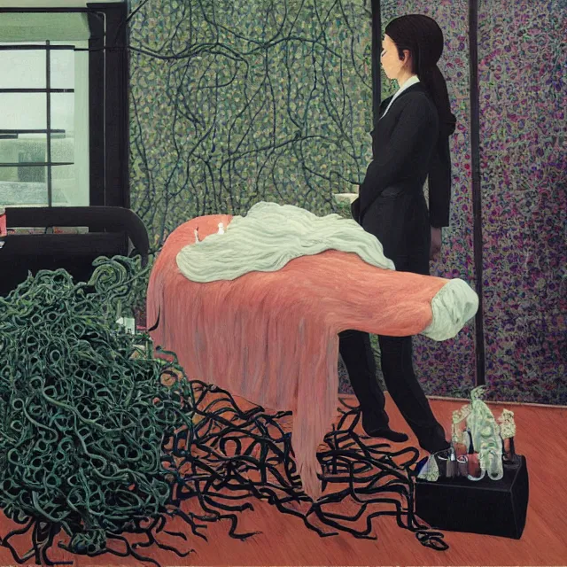 Prompt: a female pathology student in her apartment, wrapped in vines, medical equipment, candles, octopus, first aid kit, pig, black walls, ikebana, black armchair, sculpture, acrylic on canvas, surrealist, by magritte and monet