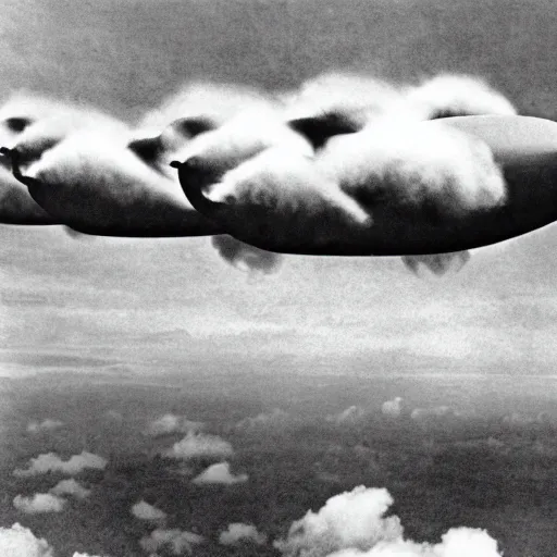 Image similar to cinematic photo of a lot of zeppelins. the zeppelins are clustered together in the air. the zeppelins are gathered around an active volcano on an island to observe it.