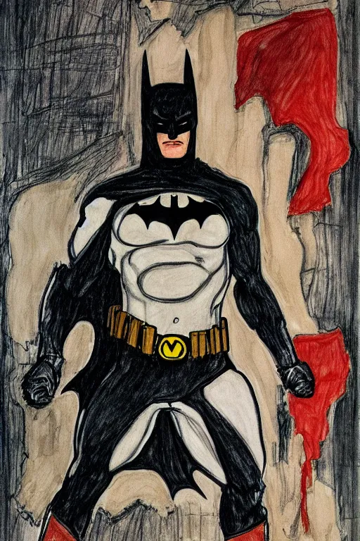 Prompt: Batman by drawing by Egon Schiele