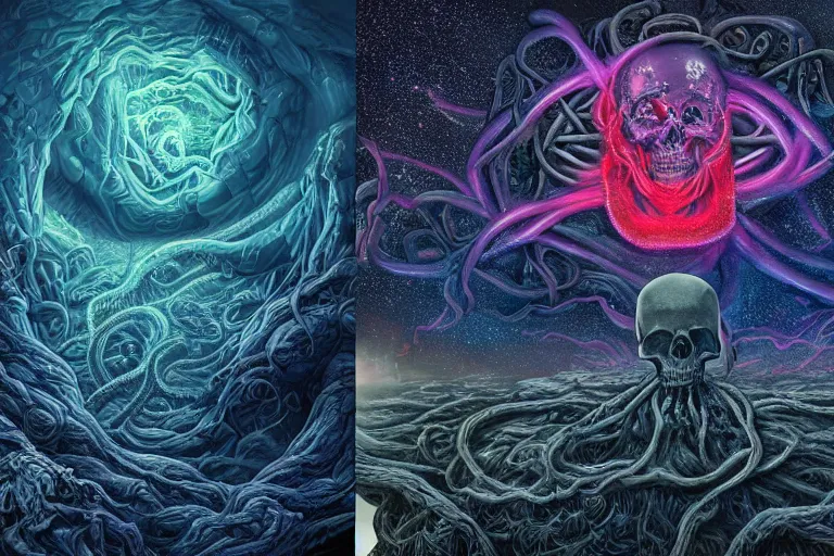 Image similar to a giant skull and flesh creature with deep and intricate rune carvings and twisting lovecraftian tentacles emerging from a space nebula by dan mumford, twirling smoke trails, a twisting vortex of dying galaxies, collapsing stars, digital art, photorealistic, vivid colors, highly detailed, intricate