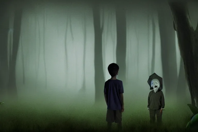 Prompt: boy in a conversation with a macabre soul looking like a ghost in the middle of a rain forest at night, realistic, obscure, dramatic scene, matte painting