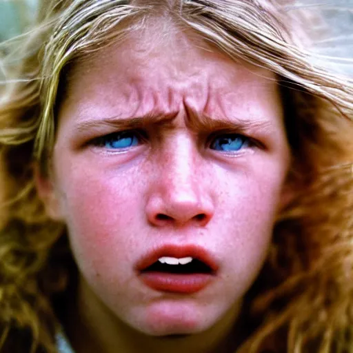 Prompt: a candid extreme closeup portrait of an expressive face of a terrified young woman by annie leibovitz