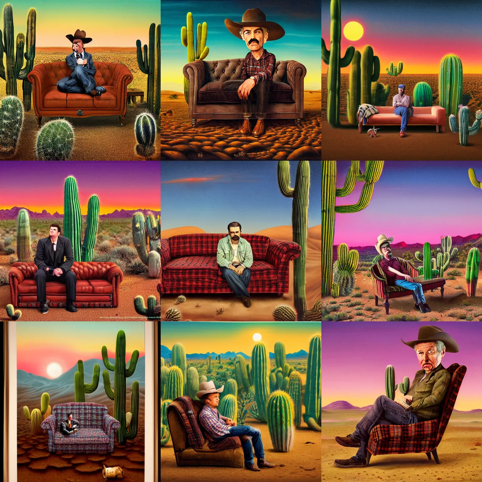 Prompt: a man sitting on a plaid couch alone in a western desert at dusk, cactus adjacent, lowbrow, matte painting, highly detailed, in the style of mark ryden