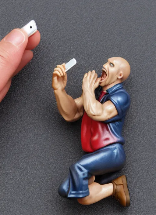Prompt: 80mm resin detailed miniature of man screaming at his phone, Product Introduction Photos, 4K, Full body,