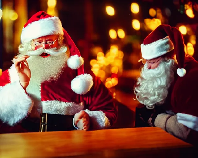 Image similar to santa claus chatting with socrates in a bar, professional photography, nighttime, noir photo, colors, golden lights, calm feeling