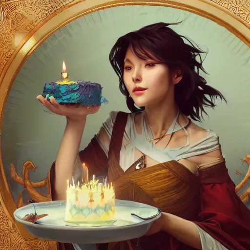 Image similar to a wizard enjoying their birthday cake, art by artgerm and greg rutkowski and alphonse mucha, concept art, octane render, unreal engine 5, highly detailed, high quality, 8 k, soft lighting, realistic face, path traced