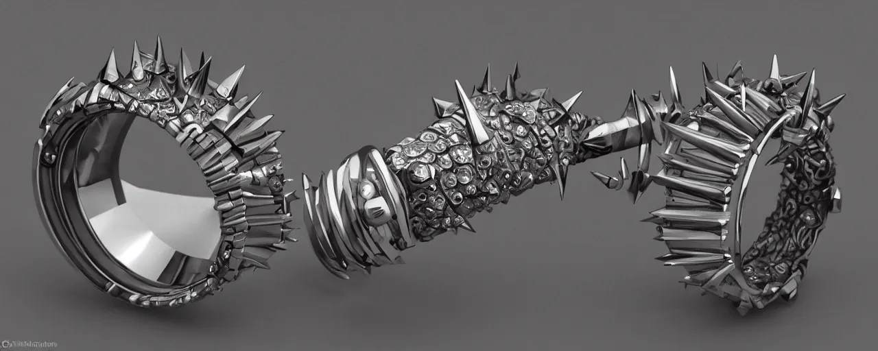 Image similar to tungsten ring with spikes, ring, steel, sword, crystals, smooth shank, engravings, product design, jewelry, art by gerald brom, greg rutkowski and artgerm and james jean and zdzisław beksinski, 8 k, unreal engine, c 4 d