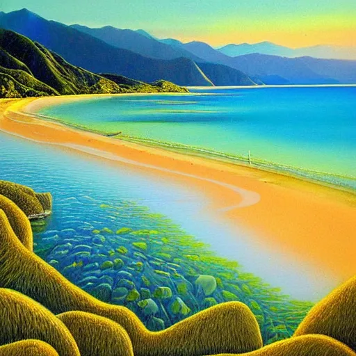 Image similar to tata islands, golden bay abel tasman new zealand, highly detailed, highly detailed fantasy ethereal surrealist art