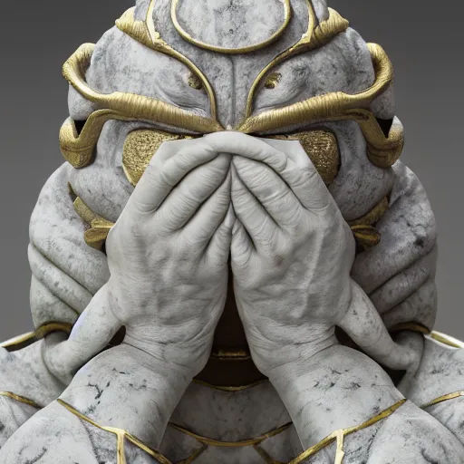 Prompt: a statue made of white marble with gold veins, of pepe the frog as general patton, full body shot, perfect symmetrical body, perfect symmetrical face, hyper realistic, hyper detailed, by johannen voss, by peter kemp, by monia merlo, by michelangelo, octane render, blender, 8 k