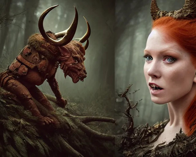 Image similar to 5 5 mm portrait photo of an armored gorgeous anesthetic redhead woman warrior with a face tattoo and horns growing from her head and a gargoyle sitting on her shoulder, in a magical forest in the style of greg rutkowski. by luis royo. highly detailed 8 k. intricate. lifelike. soft light. nikon d 8 5 0. cinematic post - processing