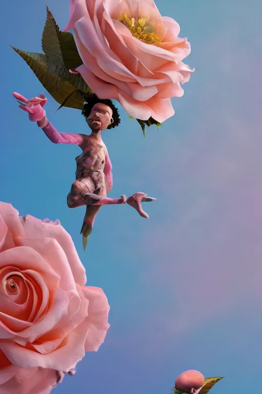 Image similar to milky crystal quartz eyeballs with wings. peach roses, background heavenly sky by basquiat, Trending on artstation. halo. octane render, cinematic, hyper realism, octane render, 8k, depth of field, 3D
