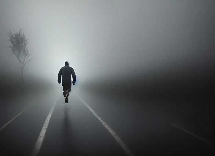 Image similar to a man runs away from the light, fog, rain, volumetric lighting, beautiful, mystique, golden hour, sharp focus, ultra detailed, concept art, jan urschel, dylan cole, noir art house, 4 k, 3 5 mm, fujifilm